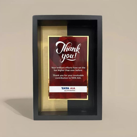 Black wood frame thank you plaque with burgundy, black and gold design