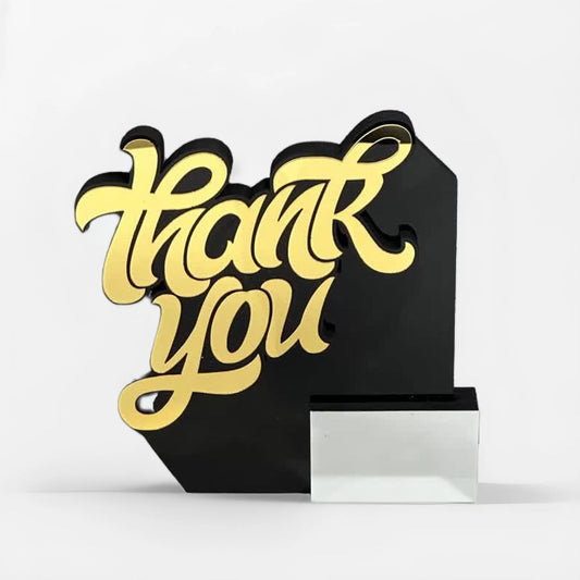 Customised thank you award with thank you in gold and black background
