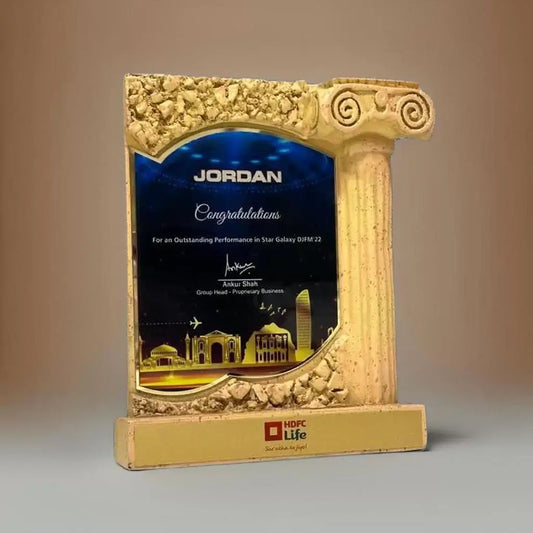 Jordan themed trophy with sculpted pillar at side, and blue background
