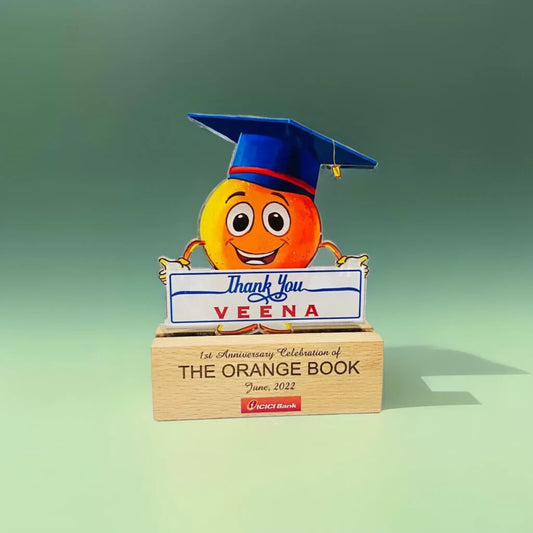 Custom thank you award with orange mascot in graduation cap