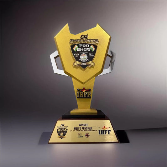 Golden recognition trophy with shield-like design and handles on either side