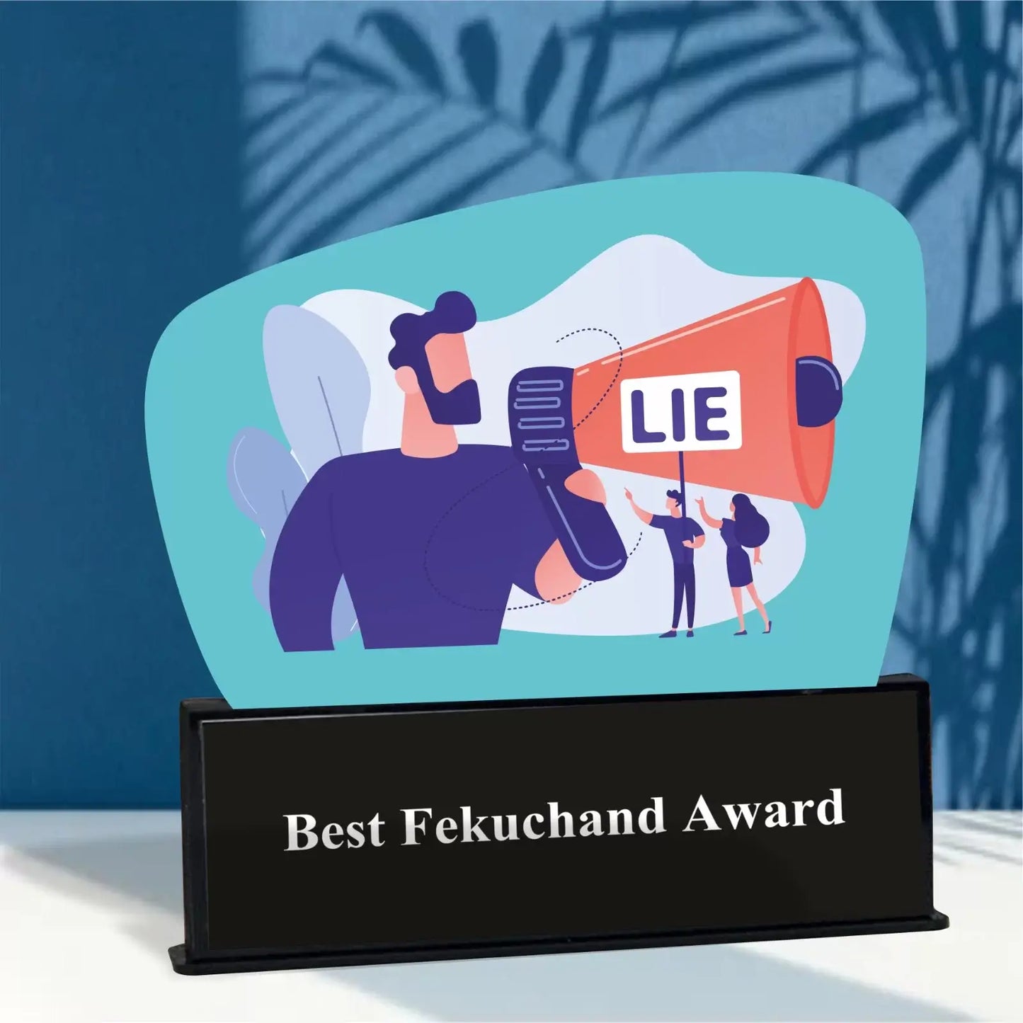 Office fun award with image of a man holding a loudspeaker that has the word 'lie' written on it